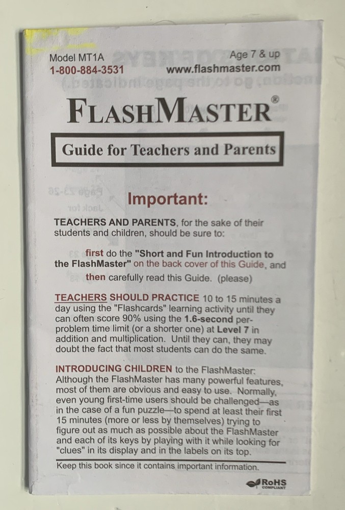 FlashMaster Math Tables Electronic Learning Tool MT1A Works