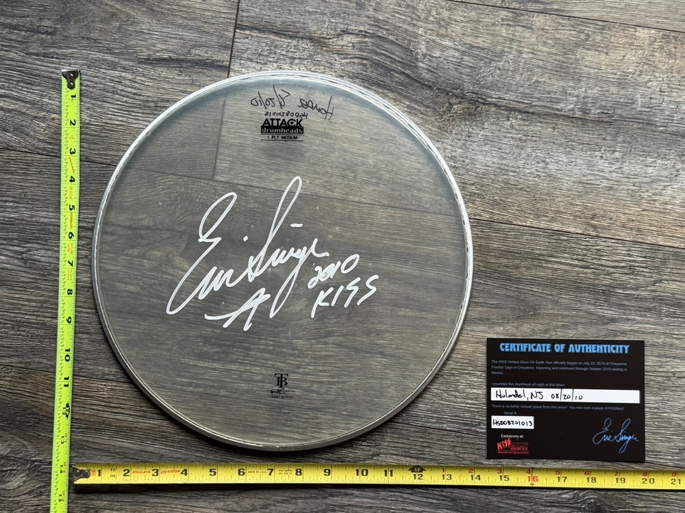 KISS Drumhead ERIC SINGER Concert Used Signed Autograph CoA 13" NJ 2010 Tour