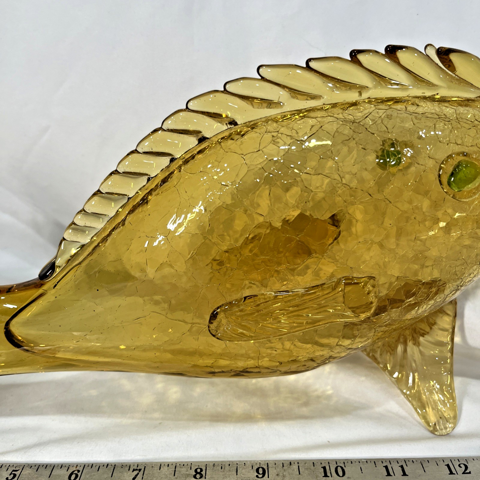 Vintage Amber Green Murano Crackle Glass Fish Decanter