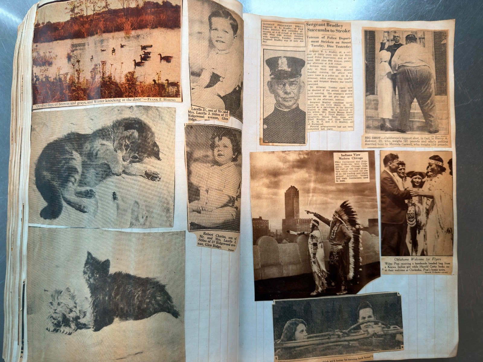 Large Newspaper Clipping Scrapbook NY/NJ 1920s-30s on 1840s Leatherbound Ledger