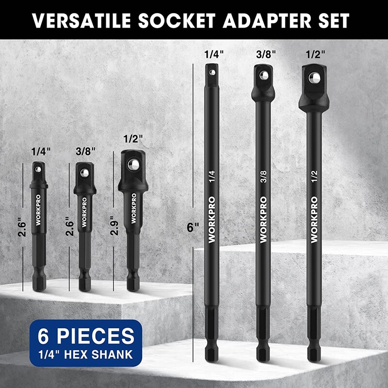 WORKPRO 6PC Socket Adapter Extension Set 1/4 3/8 1/2 Drive Impact Extension Bits