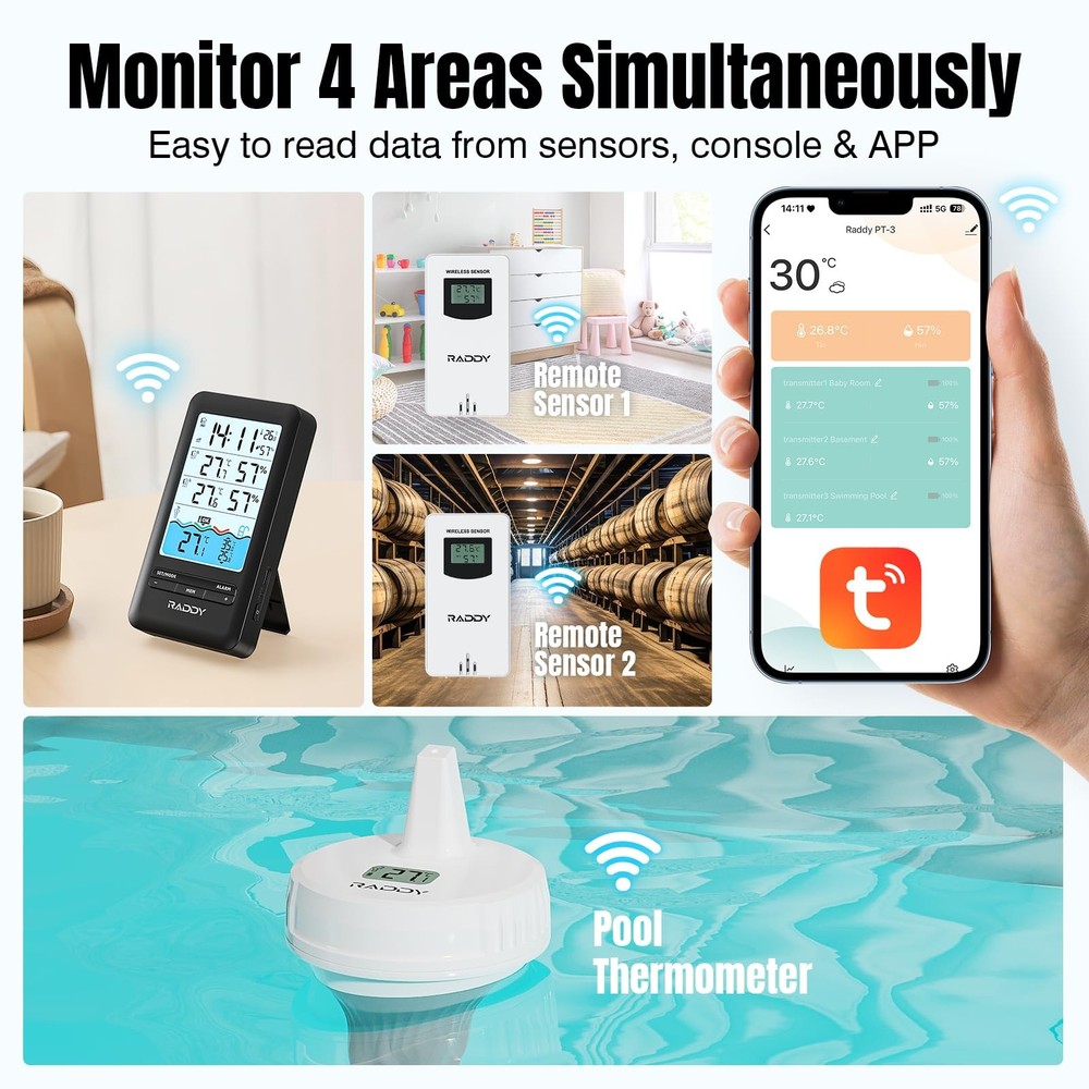 PT-3 Wi-Fi Pool Thermometer Floating Easy Read with 2 Additional Remote Senso...