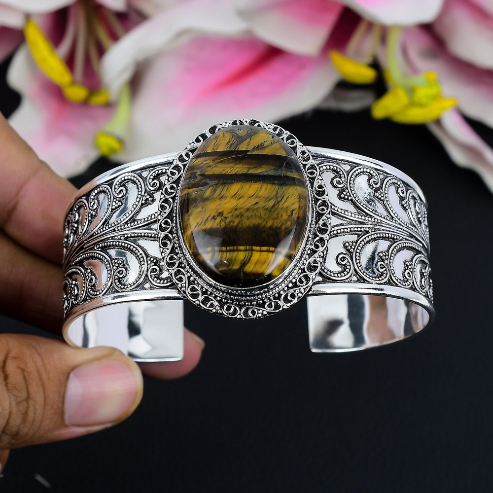 Tiger's Eye Gemstone Handmade 925 Sterling Silver Bangle Adjustable Cuff