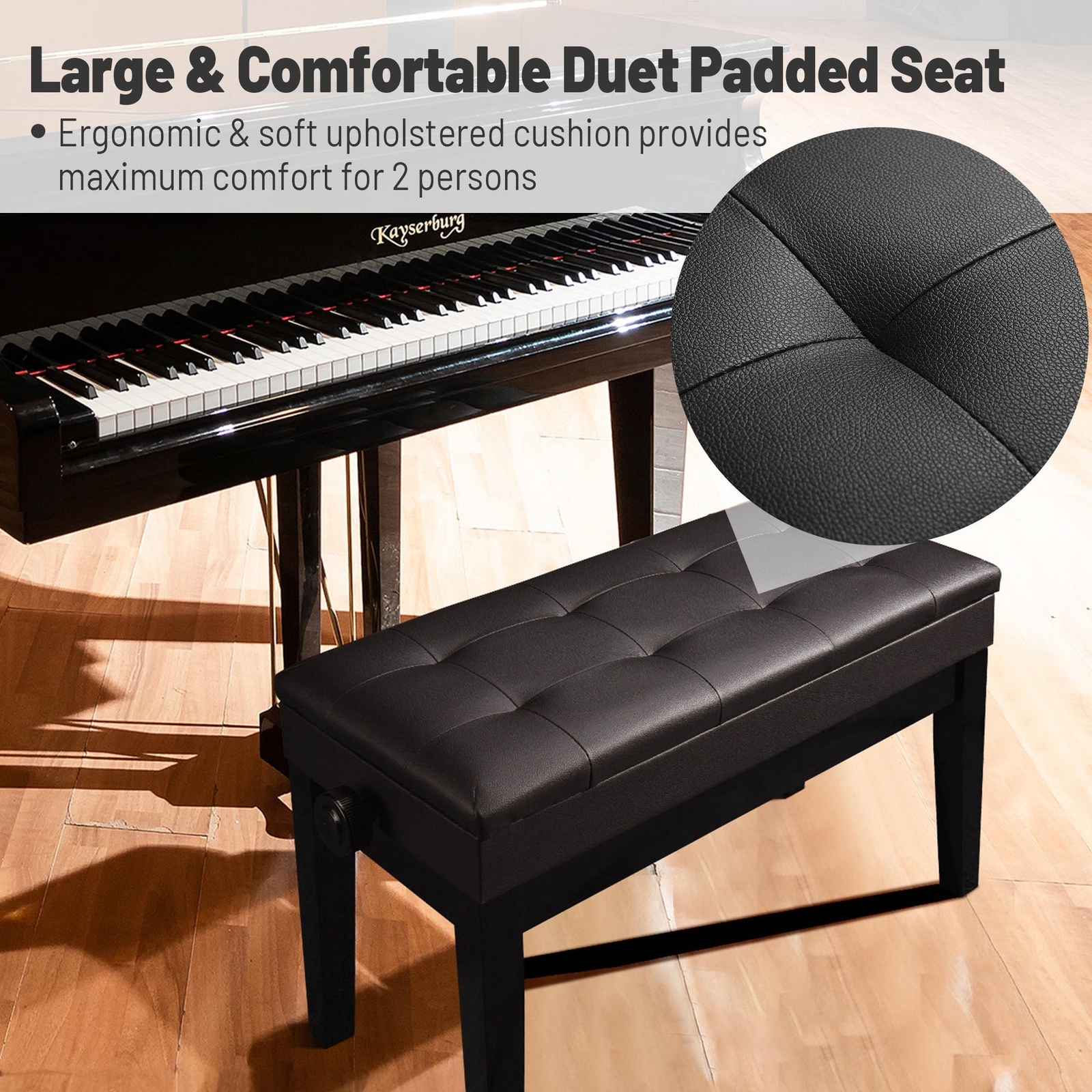 Adjustable Duet Piano Bench PU Leather Padded Wooden Keyboard Stool w/ Storage