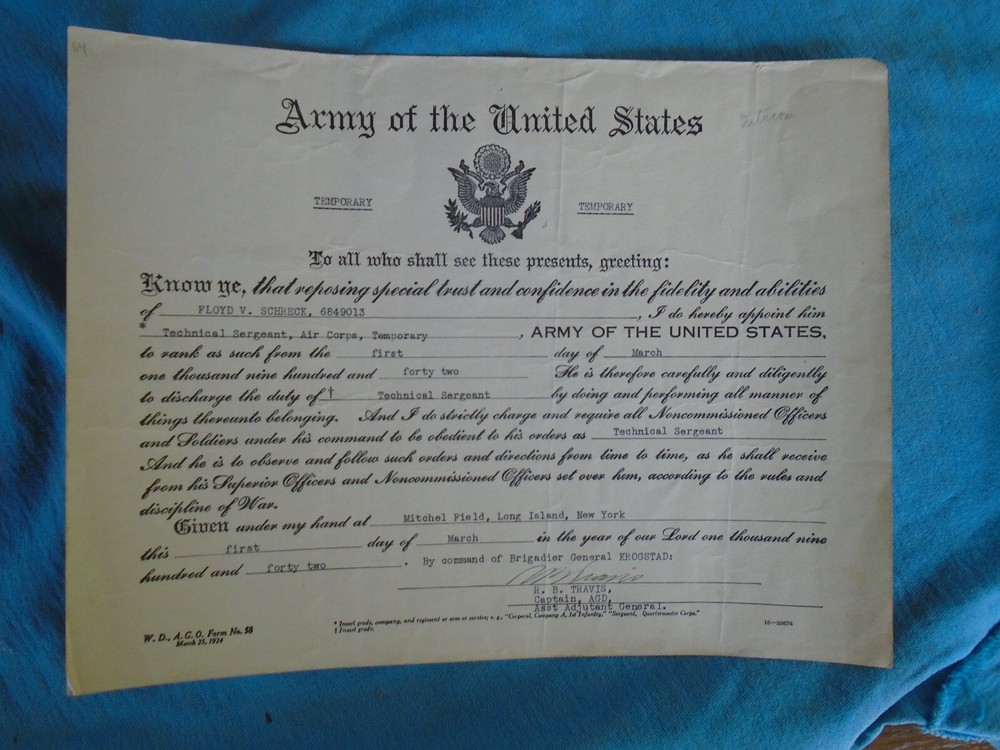 US Army 1942 rank appointment form