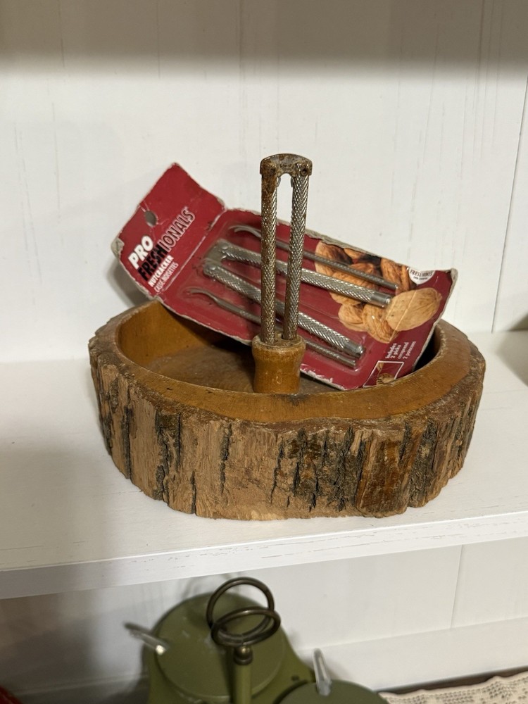 Vintage Nut Bowl Rustic Edge Tree Bark Set with 2 Nutcrackers & 2 Picks