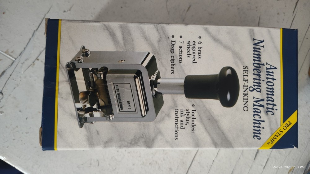 Automatic Numbering Machine Self Inking 6 Brass Wheels 7 Actions Drop Ciphers