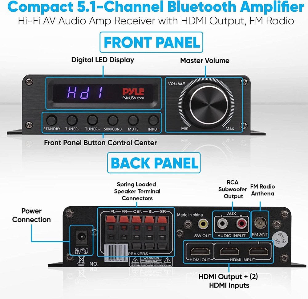 PyleHome PFA560BT Compact 5.1-Channel Wireless Bluetooth Amplfier