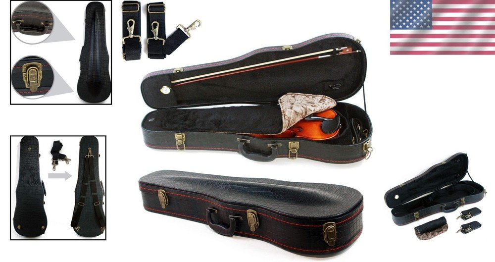 Full Size Wooden Violin Case Leather Crocodile Pattern Plush Interior
