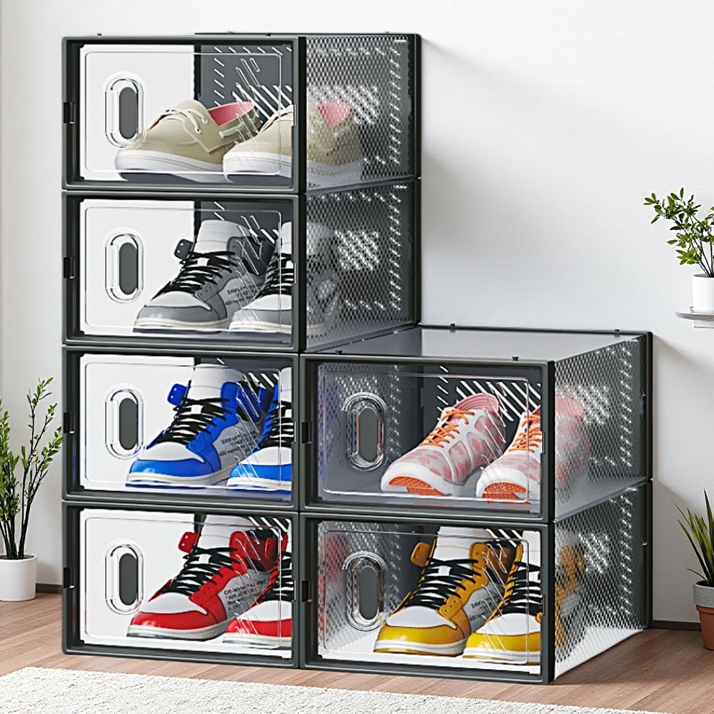 6-Pack Shoe Storage Boxes - Stackable, Plastic Mesh, Door, Black & Small Size