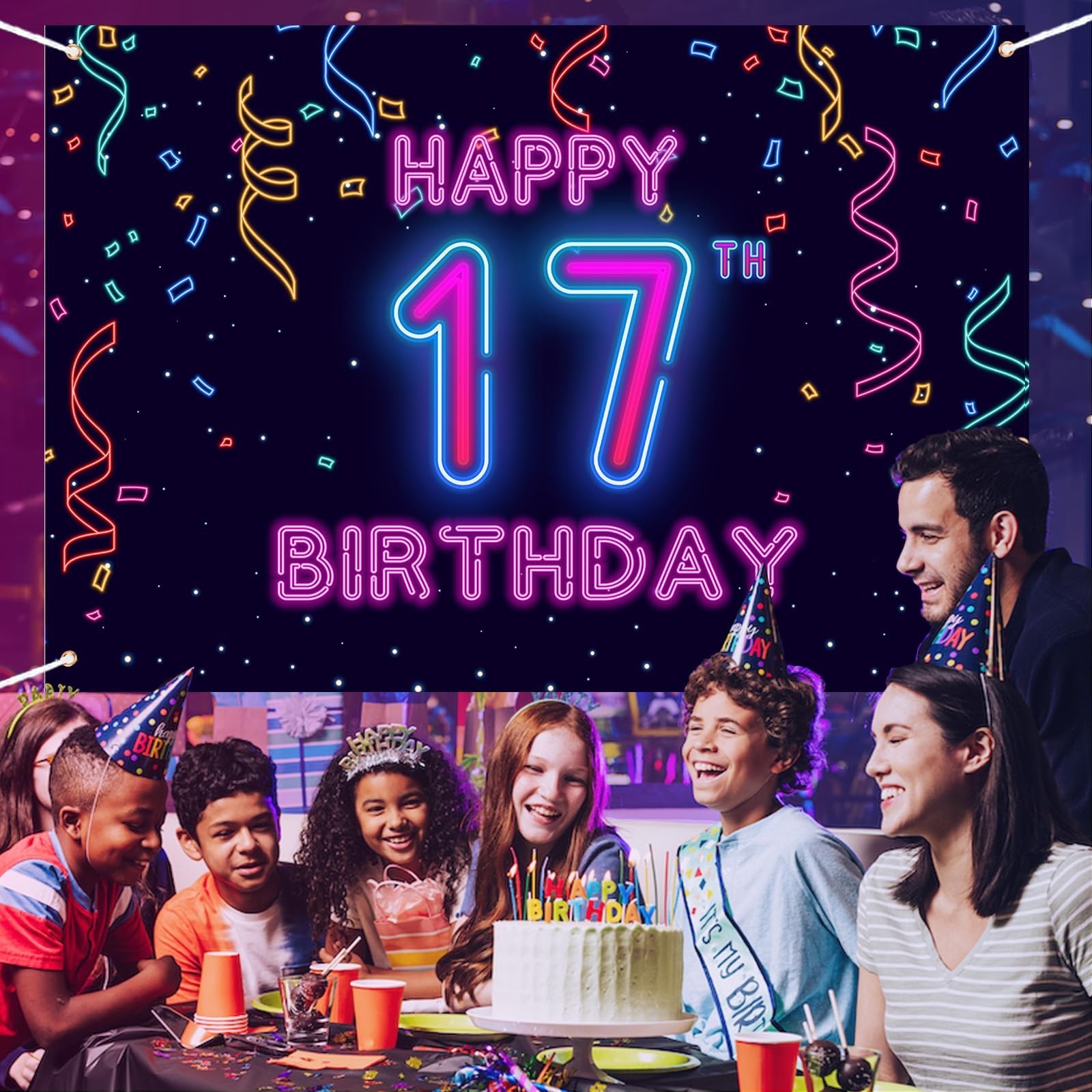 17th Neon Birthday Banner Backdrop, 17 Years Birthday Party Banner Let Glow P...