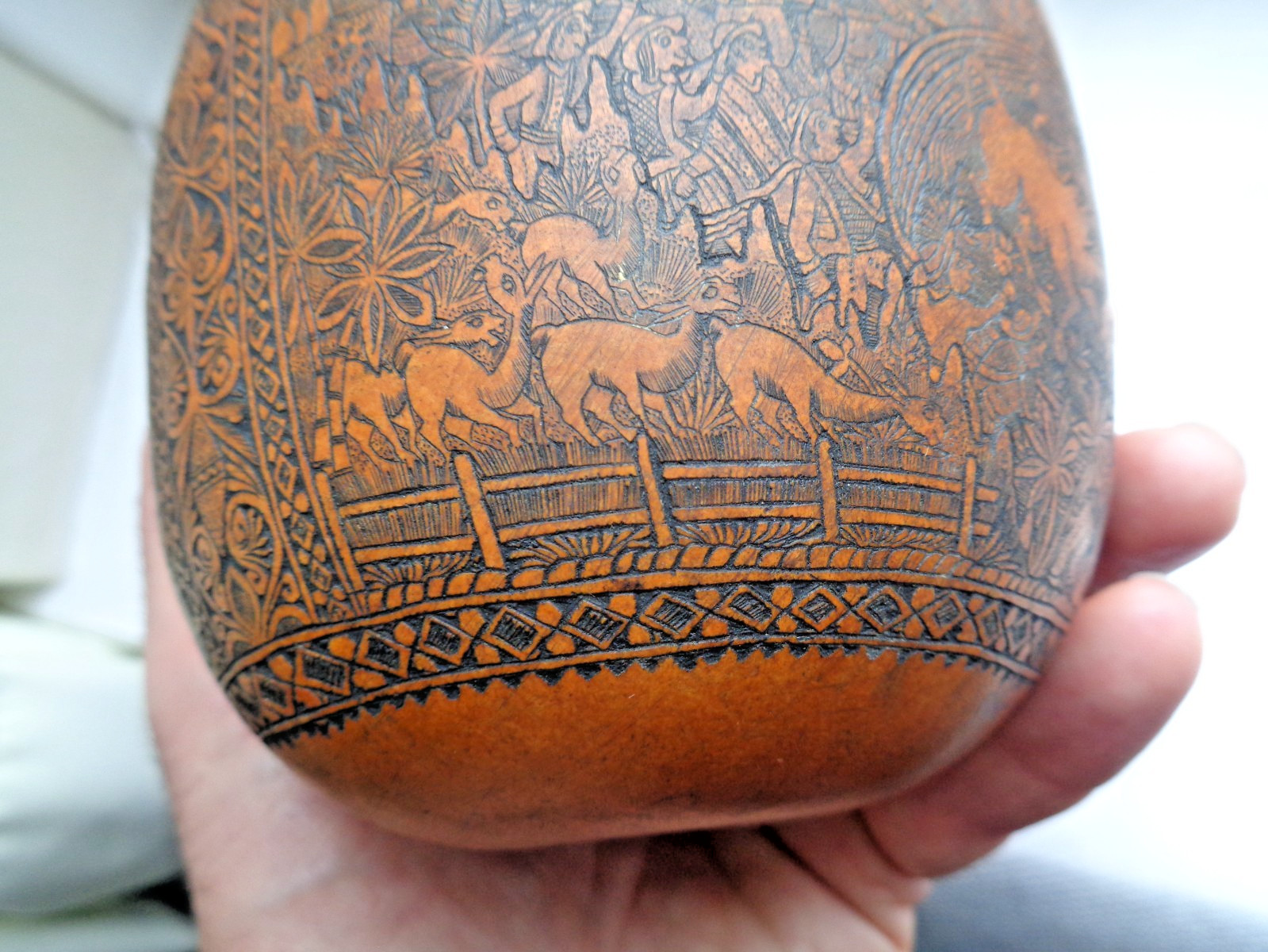ANTIQUE SOUTH AMERICAN FOLK ART CARVED GOURD BULL FIGHTER, CHURCH, FARMER, LLAMA