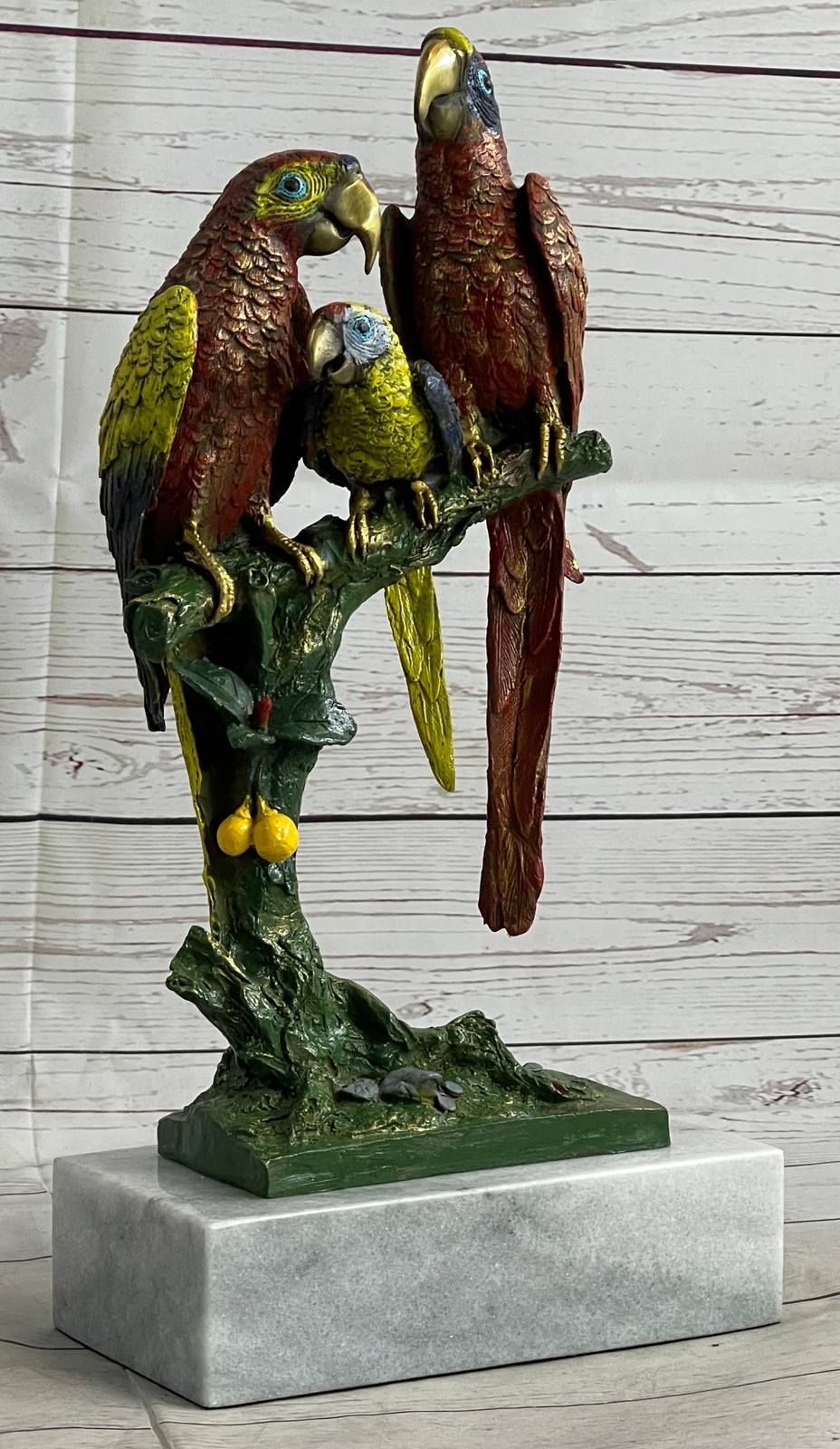 Three Macaw Parrots on a Branch Bronze Metal Statue Sculpture Colorful Decor Art