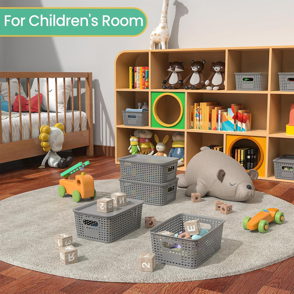 Plastic Storage Baskets with Lid-Plastic Storage Containers Stackable Storage Bi