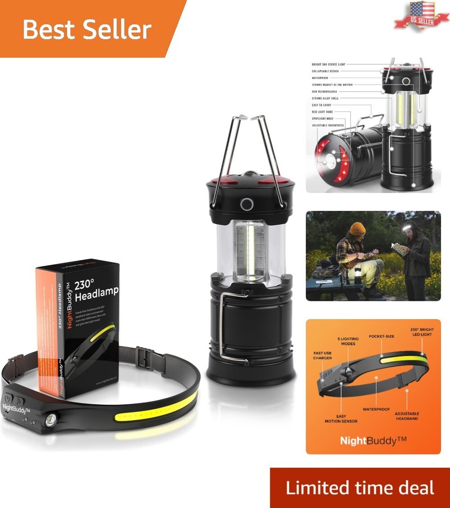 Durable Rechargeable LED Headlamp + Lantern Set - 4X Brighter for Camping Needs