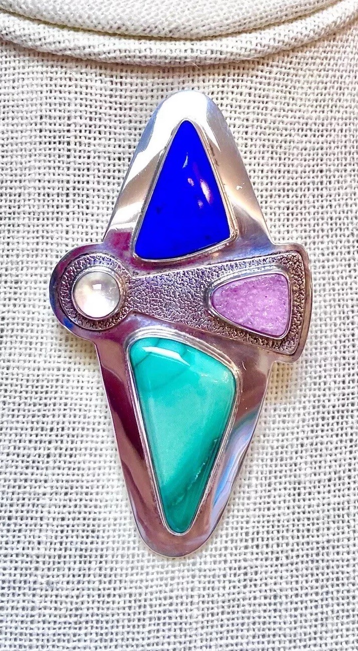 LOVELY Designer Signed Sterling Silver Lapis, Pink Druzy, Moonstone Angel Brooch