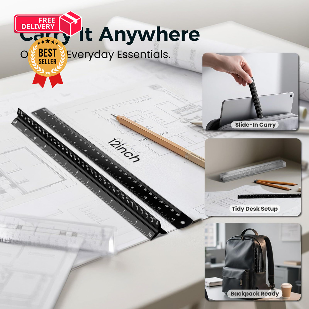 Rena Chris 2Pcs Architectural Scale Ruler, Triangular & Straight Black