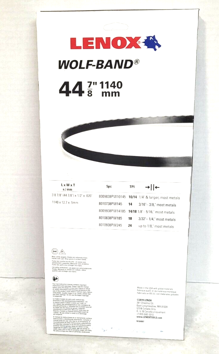 44-7/8" x 1/2 x 24 TPI Band Saw Blade Lenox Wolf-band 8010938PW245 Pack of 5