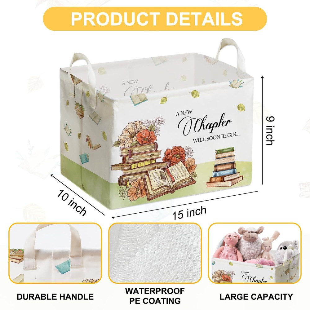 Book Theme Foldable Storage Basket with Handles, Waterproof Fabric Organizer ...