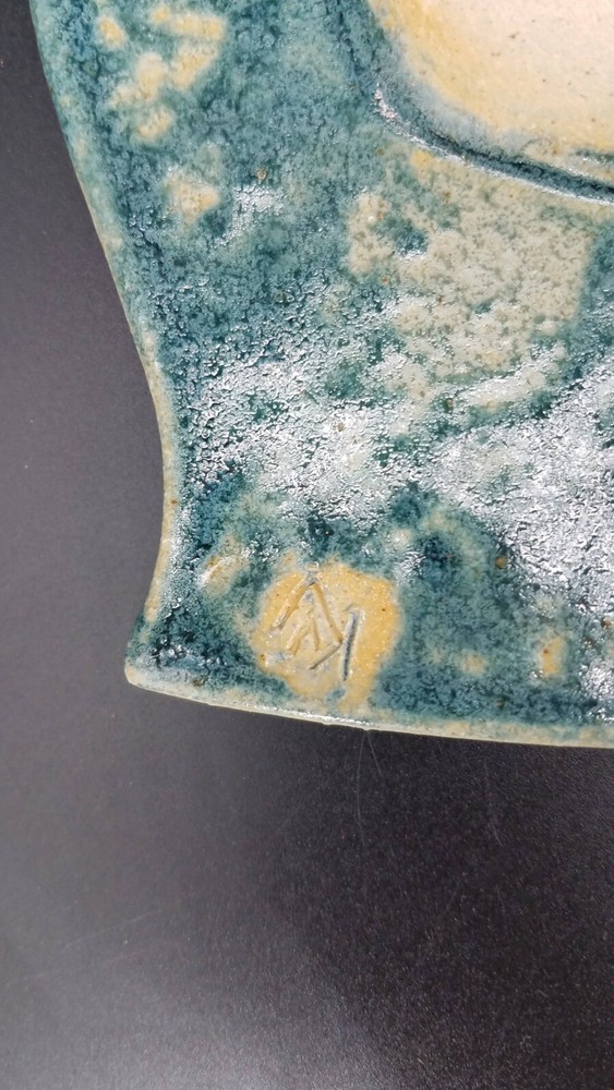 Handmade Studio Pottery Textured Blue Leaf Shaped Serving Plate Platter Tray EUC