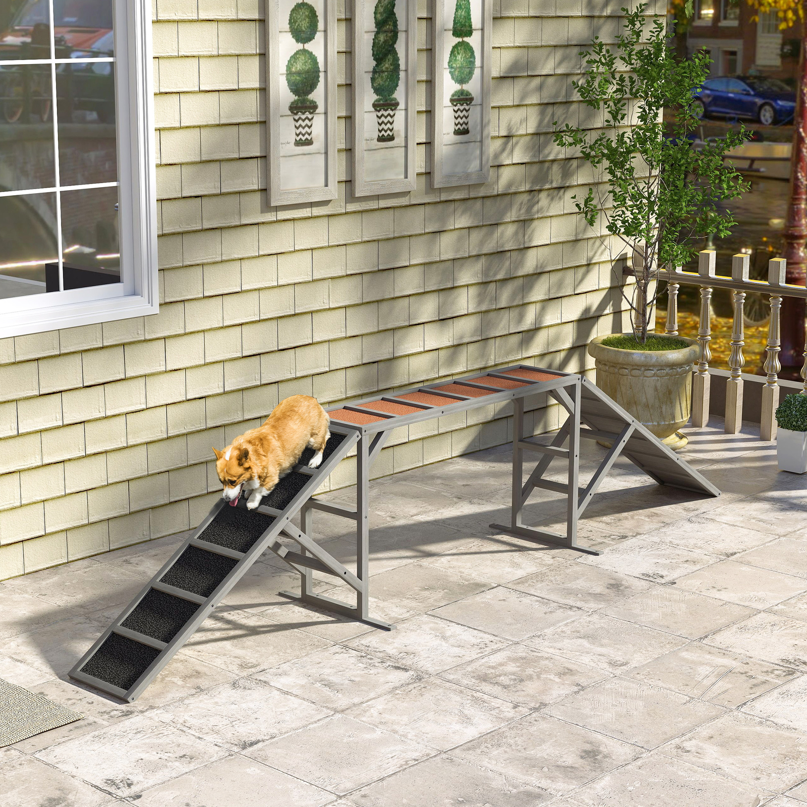 PawHut Dog Agility Equipment Ramp with Safety Bar, Non-slip Surface, Gray