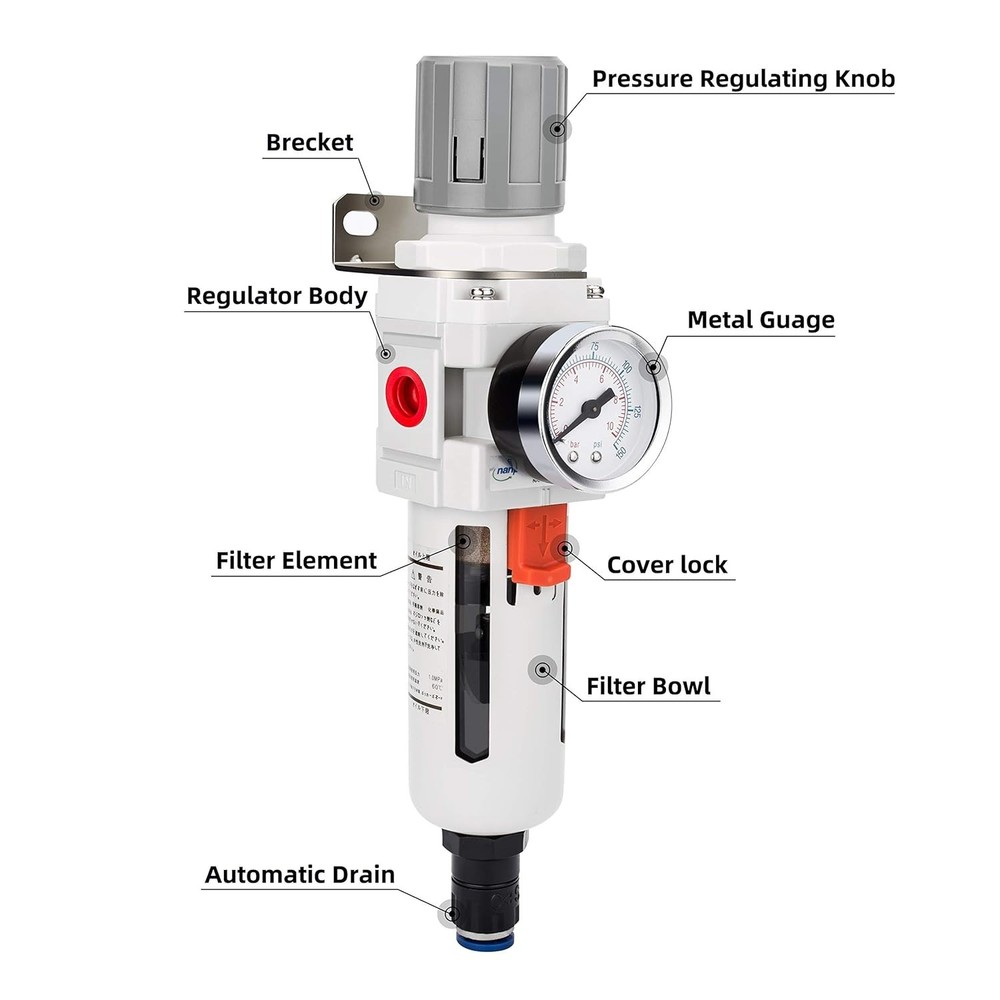 Efficient 3/8" NPT Air Filter Regulator Combo - 145 psi Max Supply Pressure
