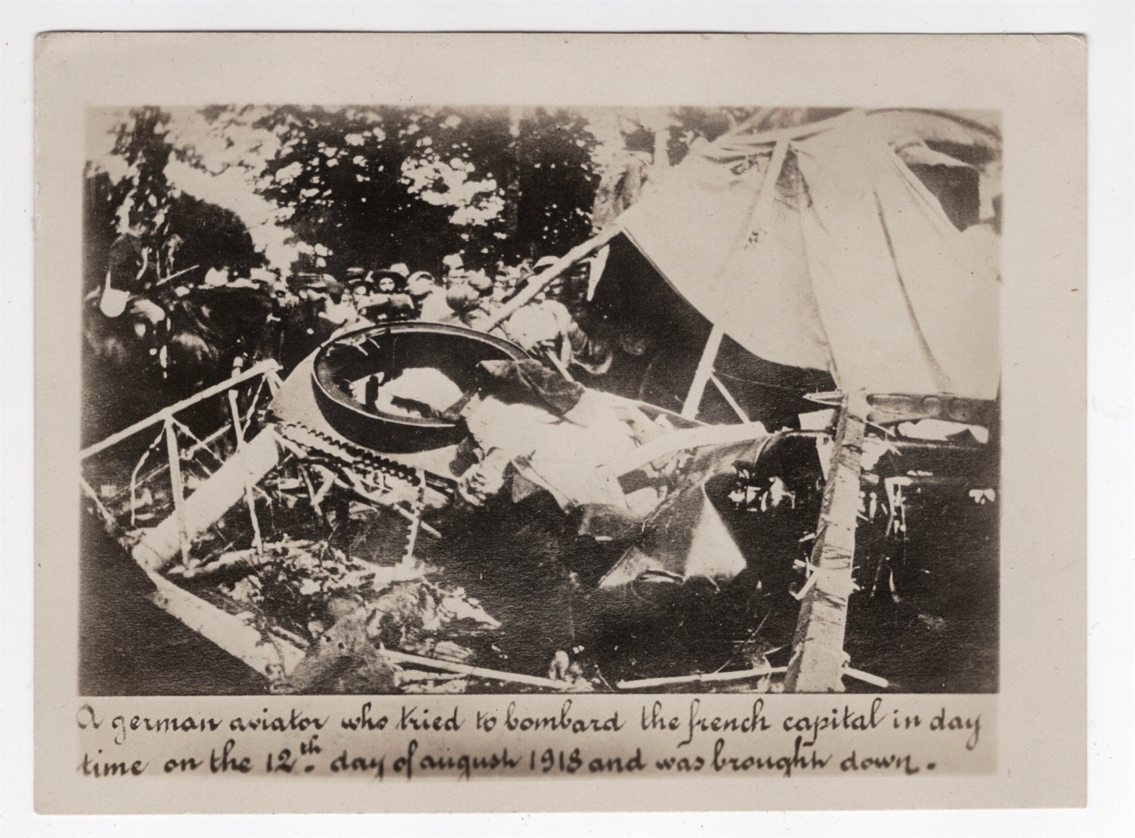 WW I PHOTO GERMAN AVIATOR & PLANE SHOT DOWN OVER PARIS FRANCE 1918