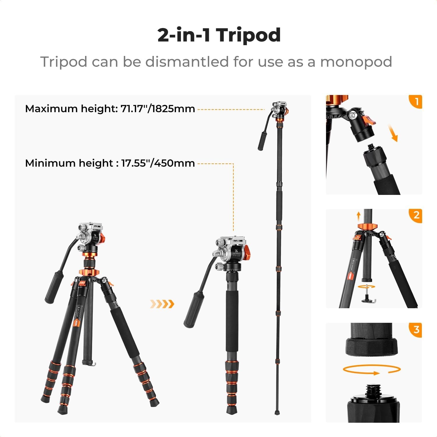 K&F Concept 67" Carbon Fiber Tripod Video Tripod w/ Fluid Head Load Capacity 8kg