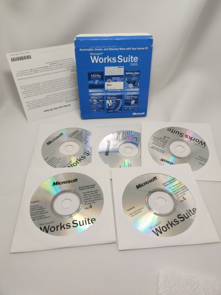 Microsoft Works Suite 2005 Software MS Money CD Set with Key 5 Disks Computer
