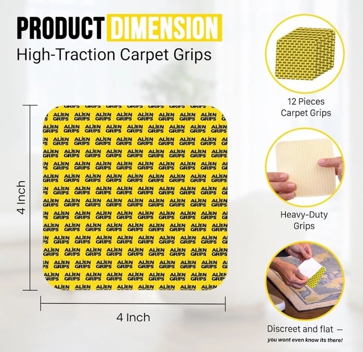 Alien Grip Rug Gripper Carpet Tape 12 Pieces, 4x4 inches New