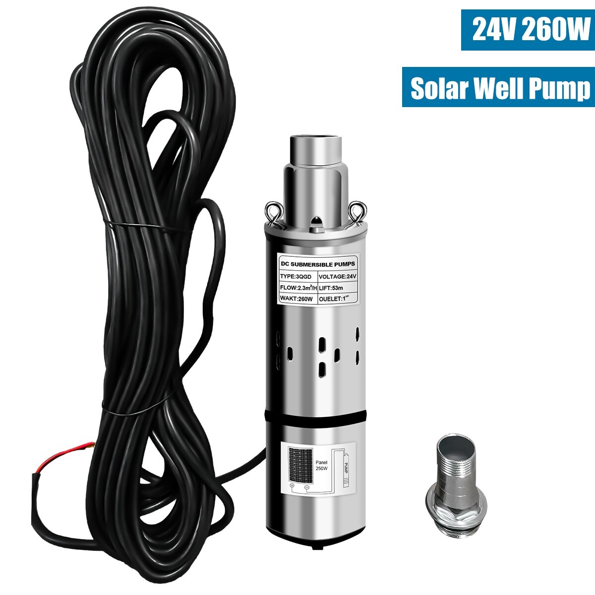 DC 24V 3'' Solar Deep Well Pump Water Pump 2300L/h Stainless Steel Submersible