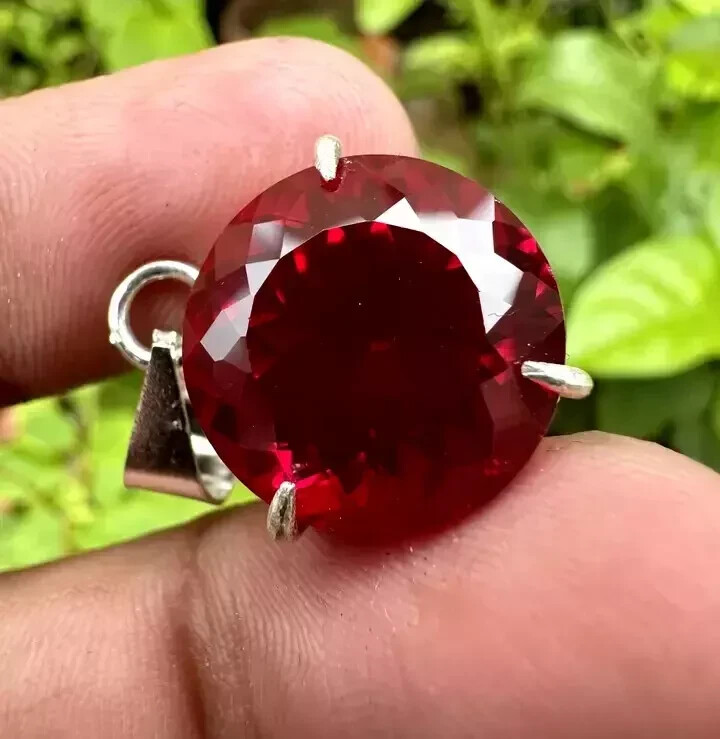 Natural Red Ruby Round Certified 24 CT Loose Gemstone 925 Solid Silver Pendant