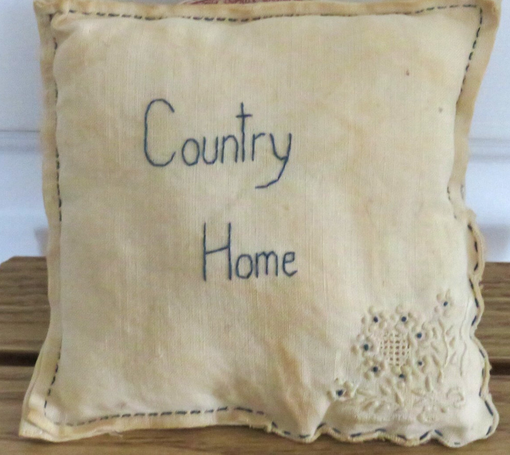 Linen Pillow, Tea-Stained for Primitive Look, Charming Needle Work, 7" Sq.