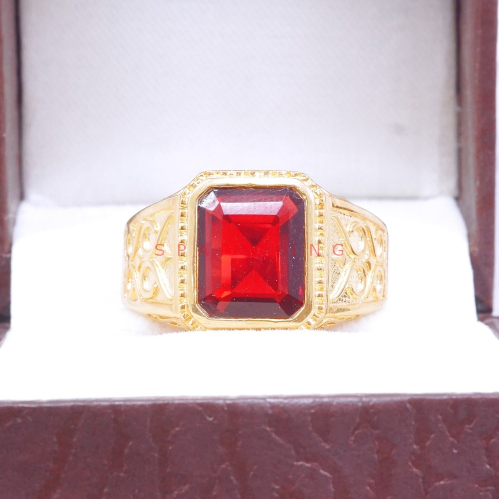 Garnet Emerald Cut With 14K Solid Gold Ring For Men's #E517