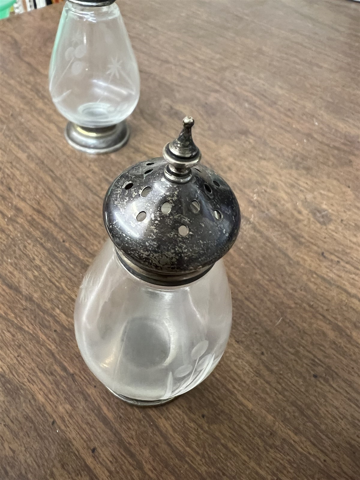 Etched Crystal and Sterling Silver Salt and Pepper Shakers