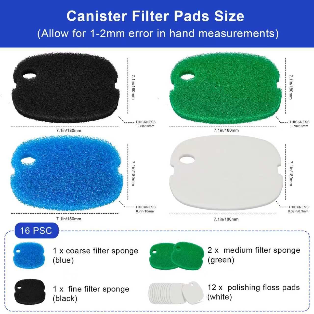 16 PCS Replacement Canister Filter Pads Compatible with SUNSUN White