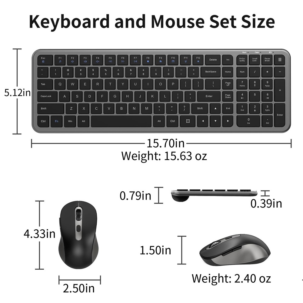 Wireless Silent Keyboard And Mouse Combo FullSize Calculator Button Grey