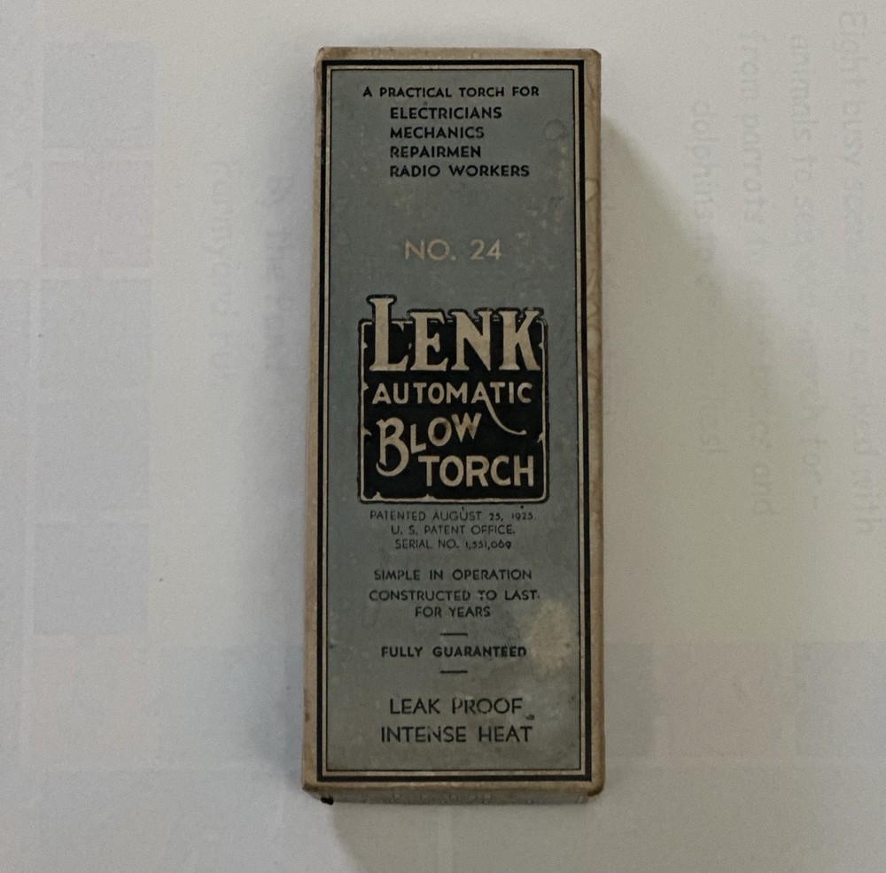 ANTIQUE LENK BRASS AUTOMATIC BLOW TORCH NO. 24 WITH BOX & INSTRUCTIONS -UNTESTED