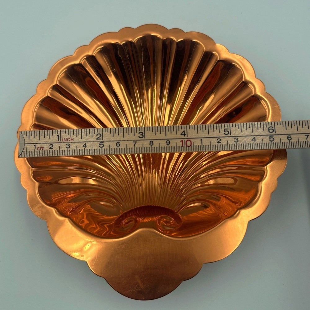 Vintage Solid Copper Scalloped Shell Trinket Brass Footed Dish