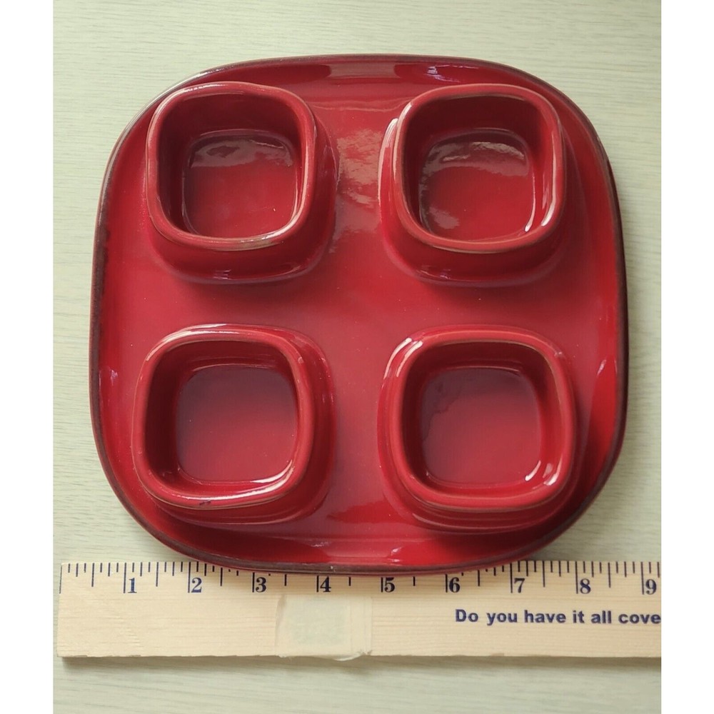 Condiment Server-Pottery Barn-4 Sections-Forks-Burgundy/Red-Square Server