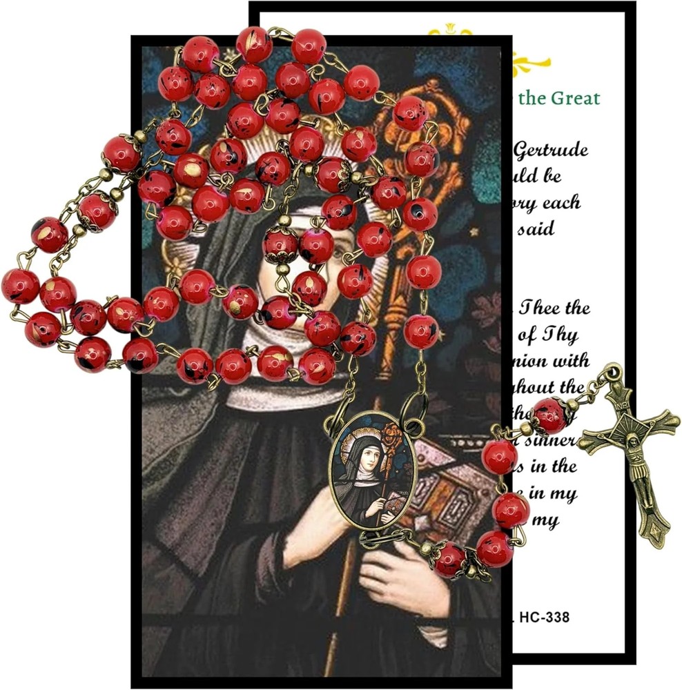 Saint Gertrude The Great Patron of Cats Red Round Beads