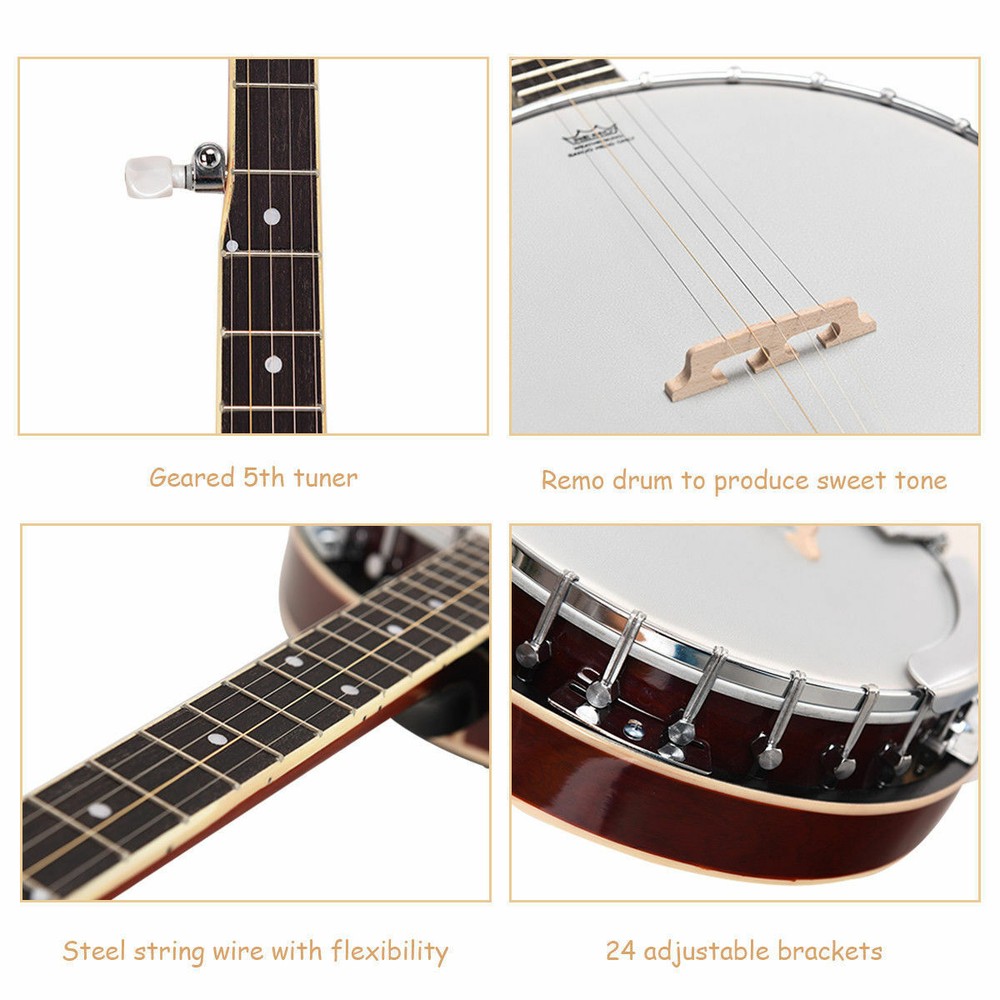 Sonart 5 String Geared Tunable Banjo 24 Brackets Closed Back Remo Head w/ Case