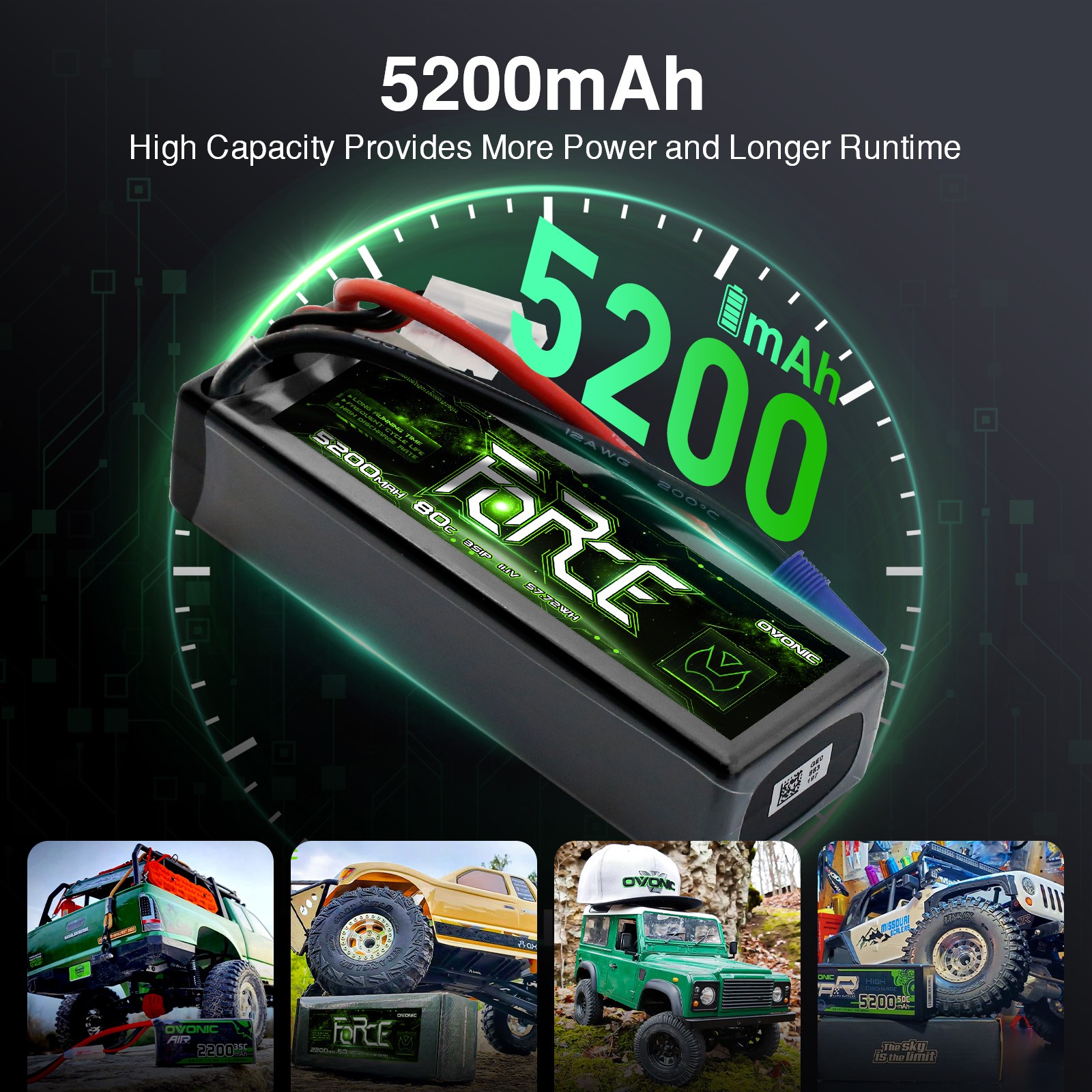 2X Ovonic Force 5200mAh 80C 11.1V Hardcase 3S LiPo Battery EC5 For 1/10 RC Car