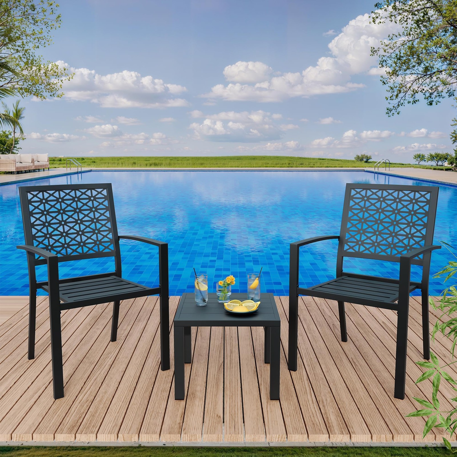 Outdoor Bistro Set 3-Piece Stackable Patio Chairs Square Table Metal Black