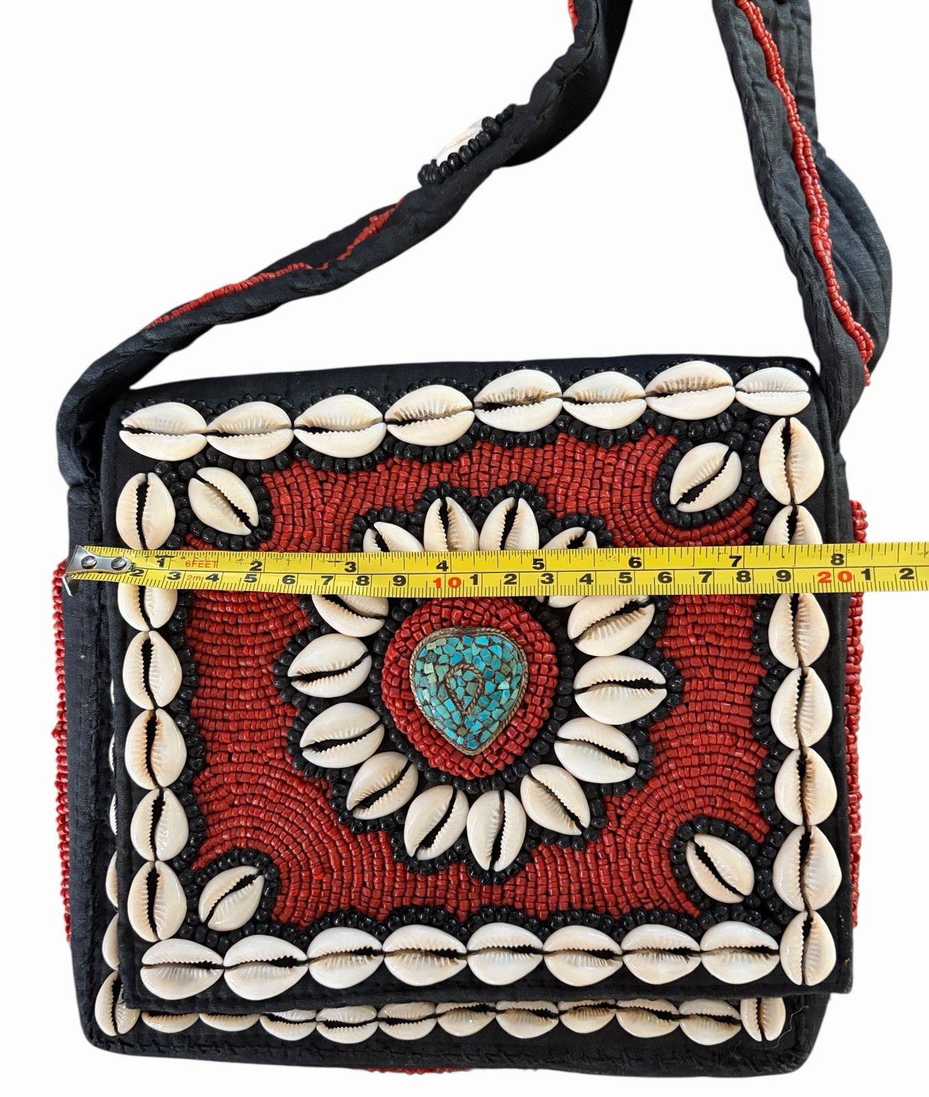 Tibetan Style Hand Beaded Seashell Coral Cross Body Bag Vintage VTG