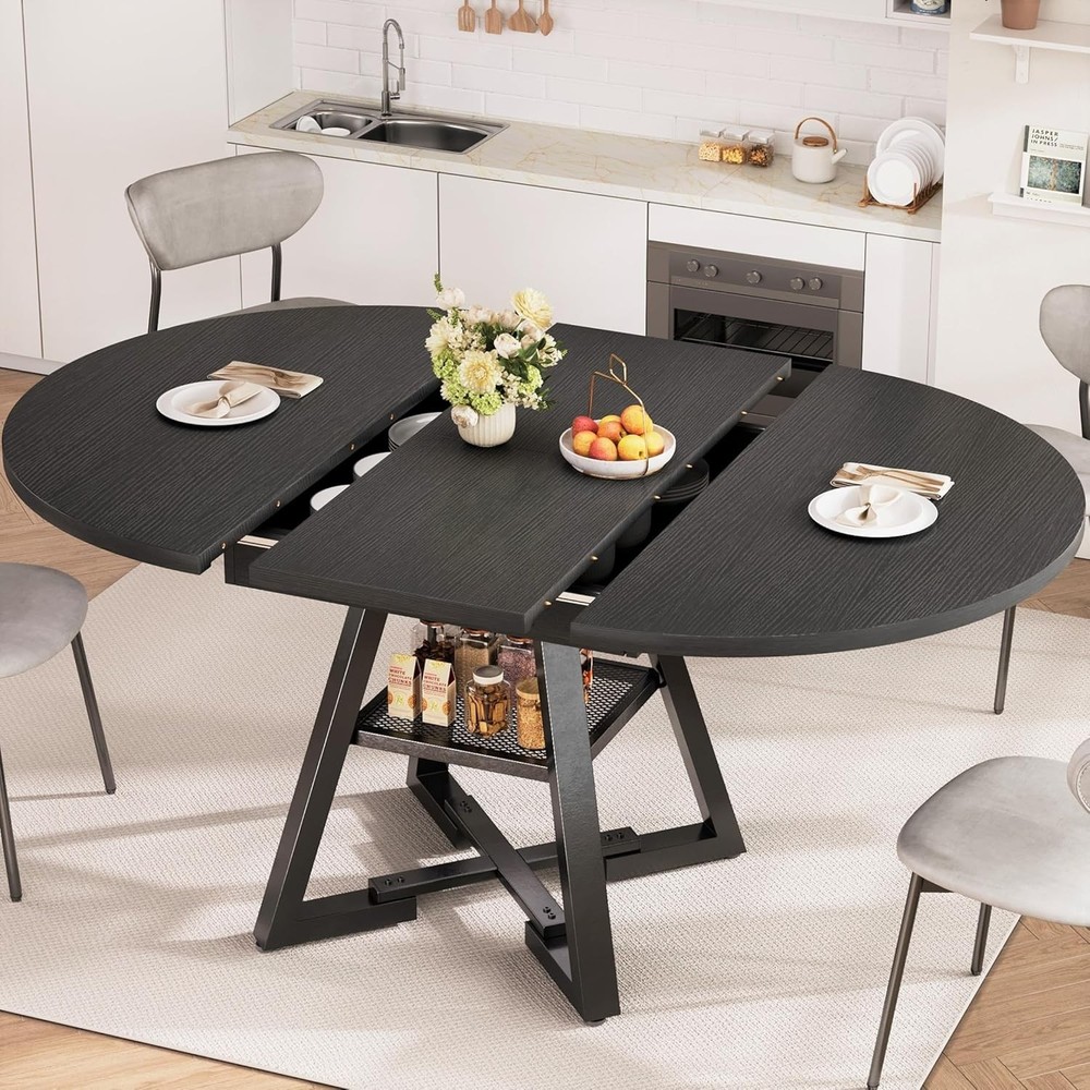Round Dining Table Kitchen Dining Room Dinner Table 4-6 Space Saving Extendable