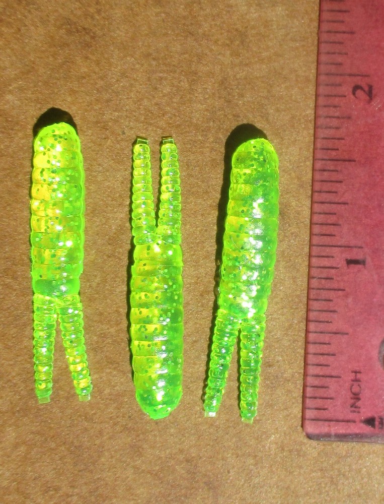 50ct CHARTREUSE SILVER FLAKE 1.5" SPLIT TAIL BEETLES Crappie Baits Panfish Lures