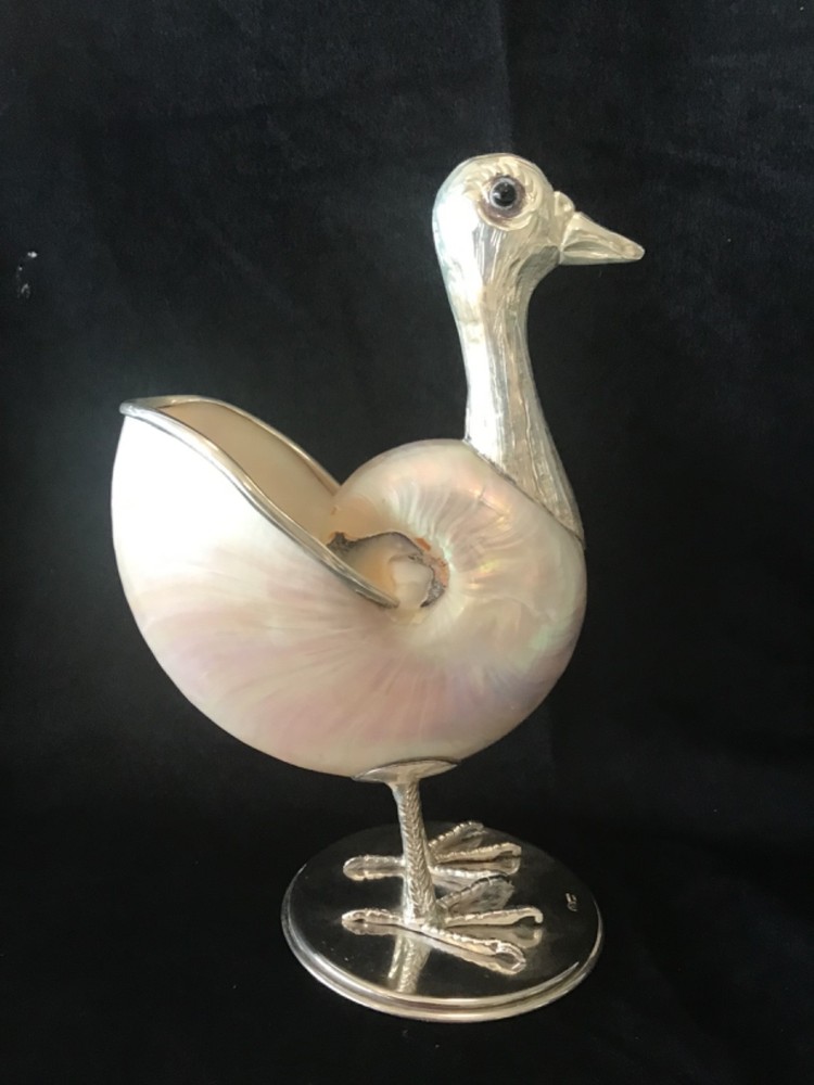Gabriella Binazzi Signed Bird Nautilus Shell - Silverplate 9" Beautiful