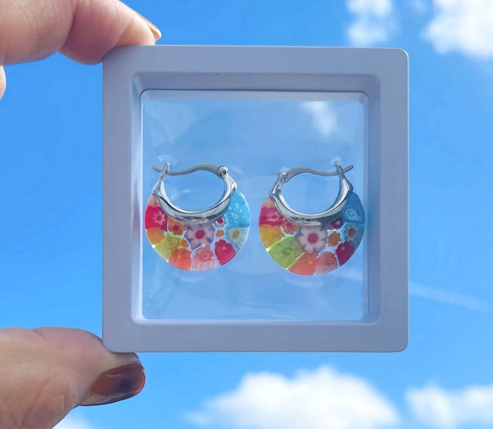 Millefiori Glass Hoops Earrings Flower Basket Style Multicolor