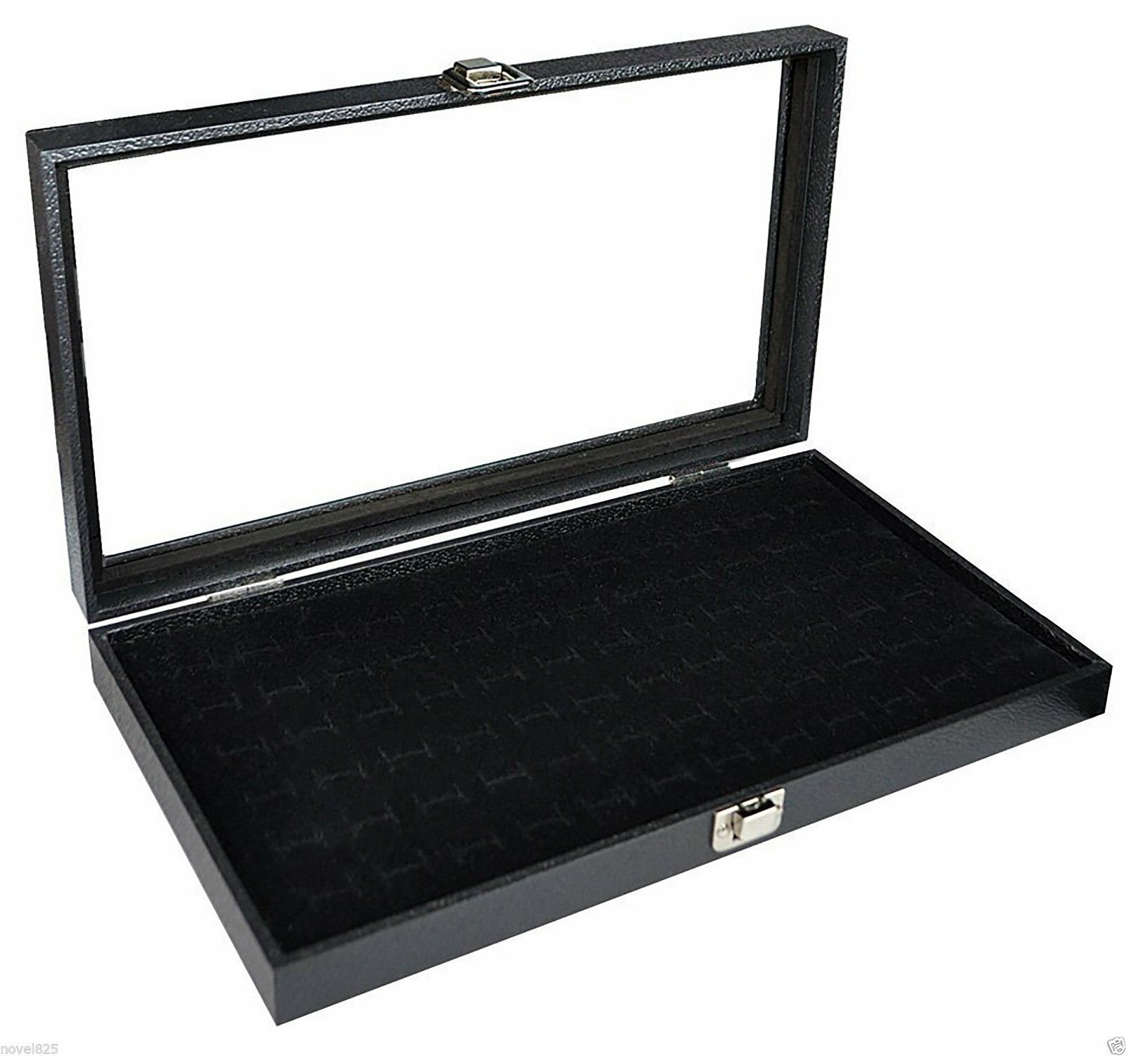 Glass Top Lid 72 Ring Black Showcase Jewelry Display Storage Organizer Box Case